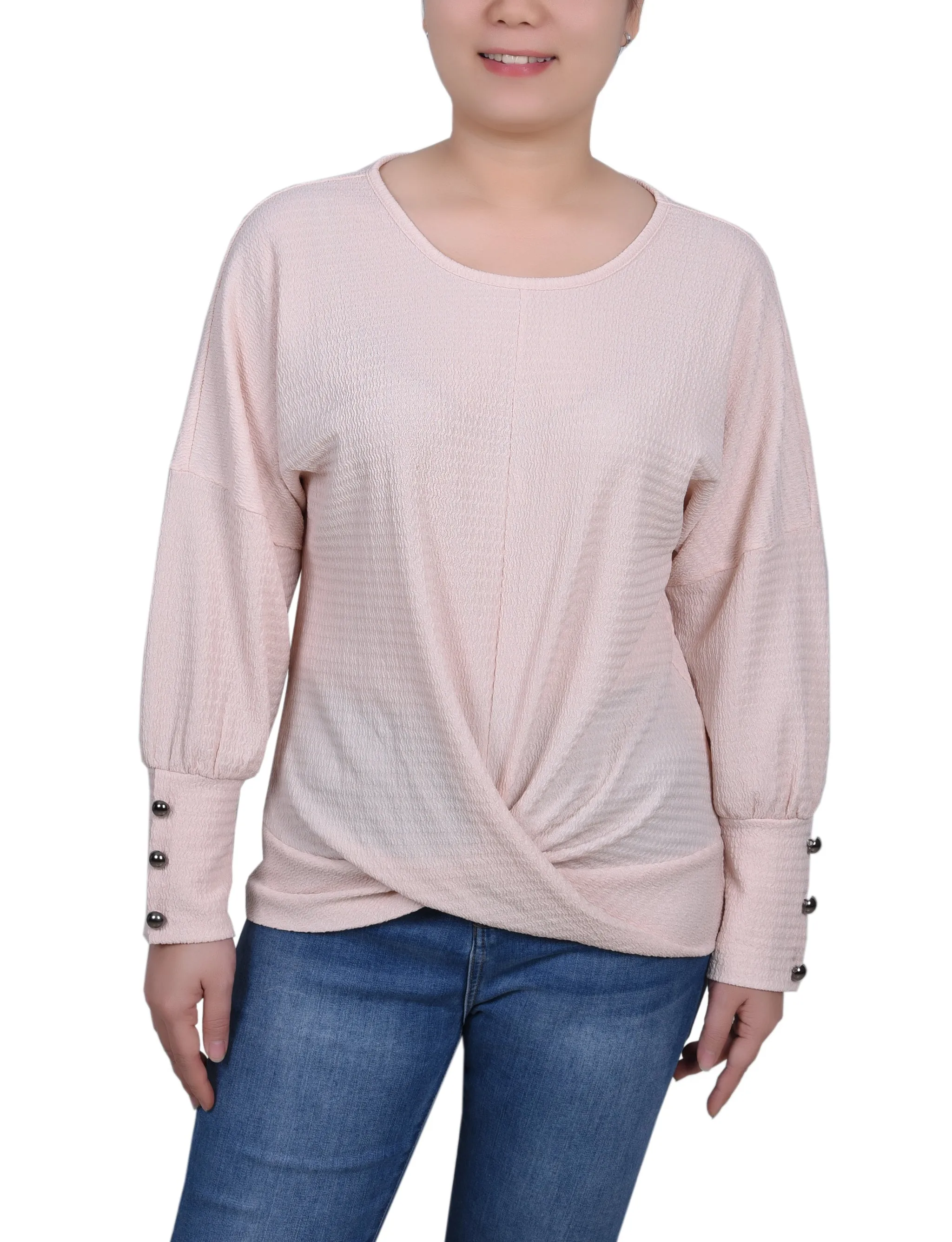 StretchFit FlatlockStitching Petite Long Sleeve Textured Knit Top