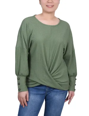 Petite Long Sleeve Textured Knit Top Compression Gradient Relaxed Tee
