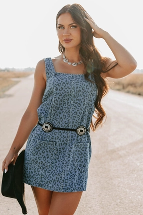 Retro Style FlexibleCollar Kendrix Animal Print Denim Mini Dress (Denim Leopard)