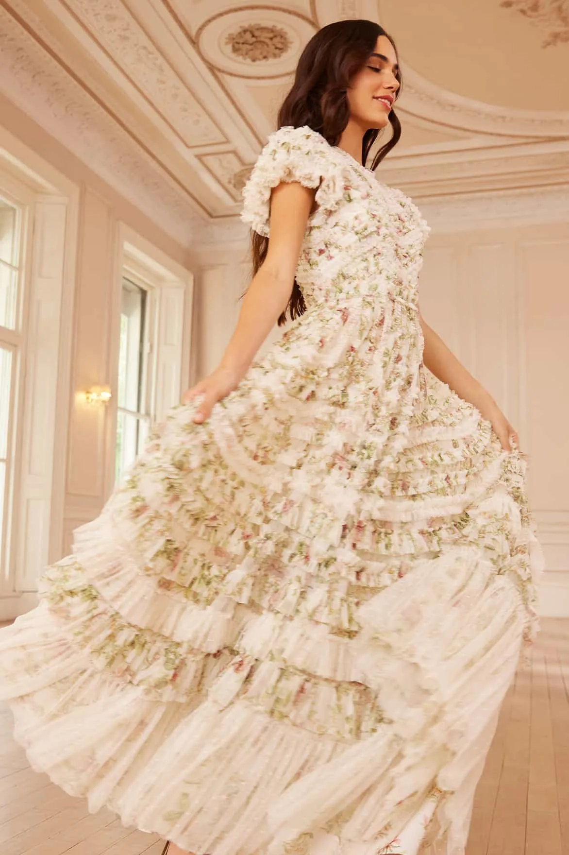 Elegant Waist Festival-Ready Colette's La Vie En Rose Round Neck Short Sleeve Gown