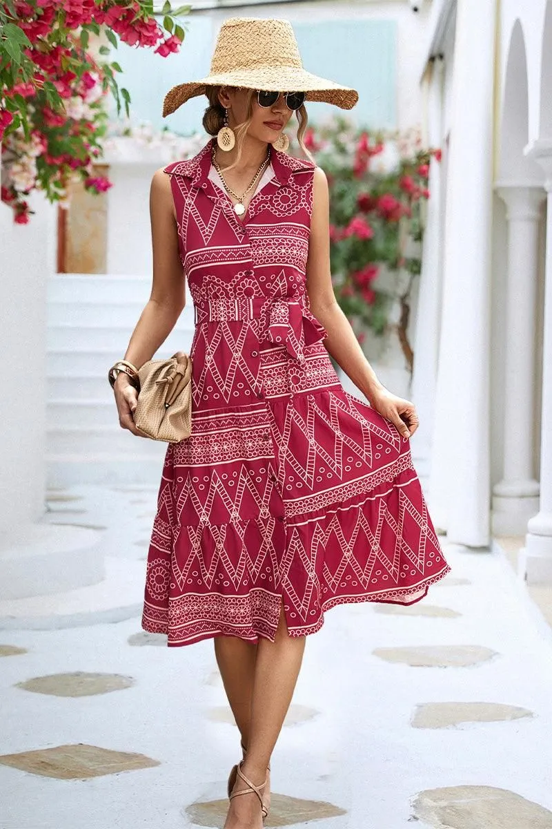 COLLARED PATTERN PRINTING WOMEN DRESS Bright-Hue Reversible-Style