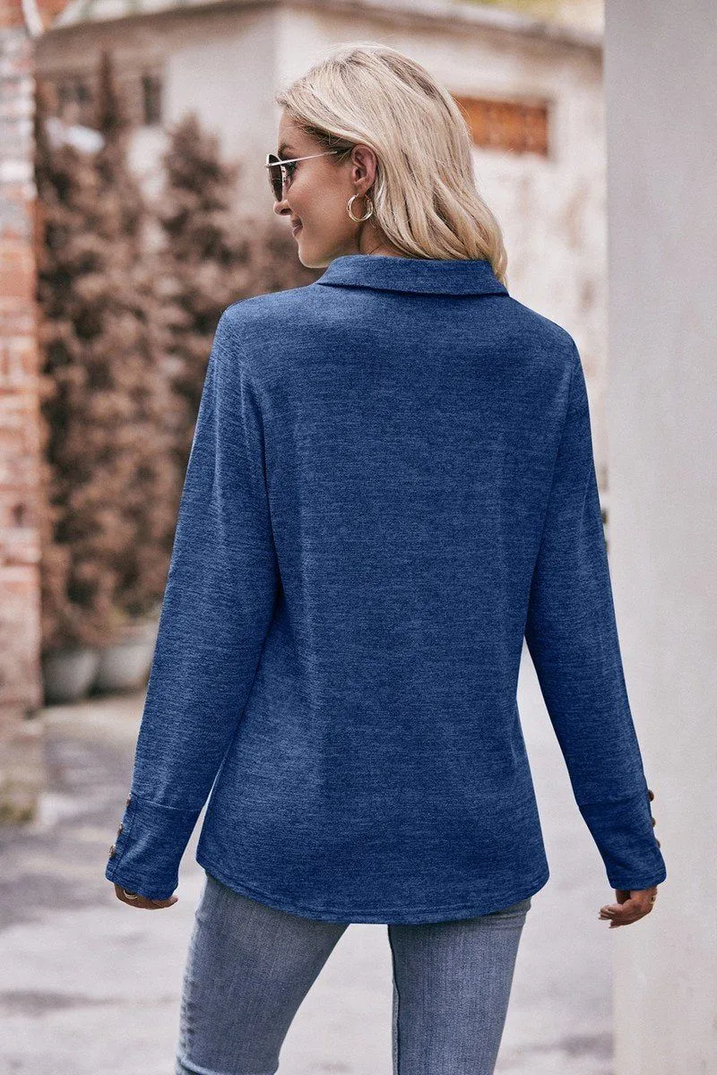 UV protection coating ReinforcedHem COLLARED V NECK LONG SLEEVE CASUAL BLOUSE TOP