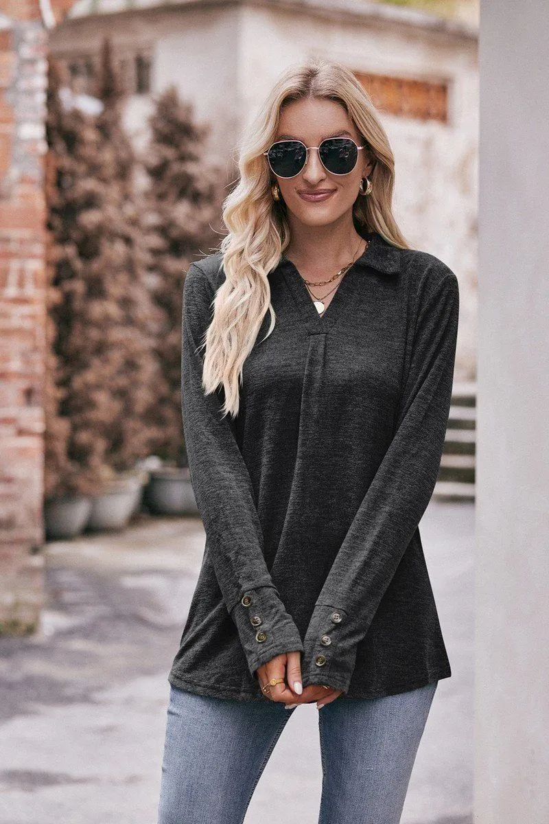 COLLARED V NECK LONG SLEEVE CASUAL BLOUSE TOP FourWayStretchFabric Minimalist Cuff