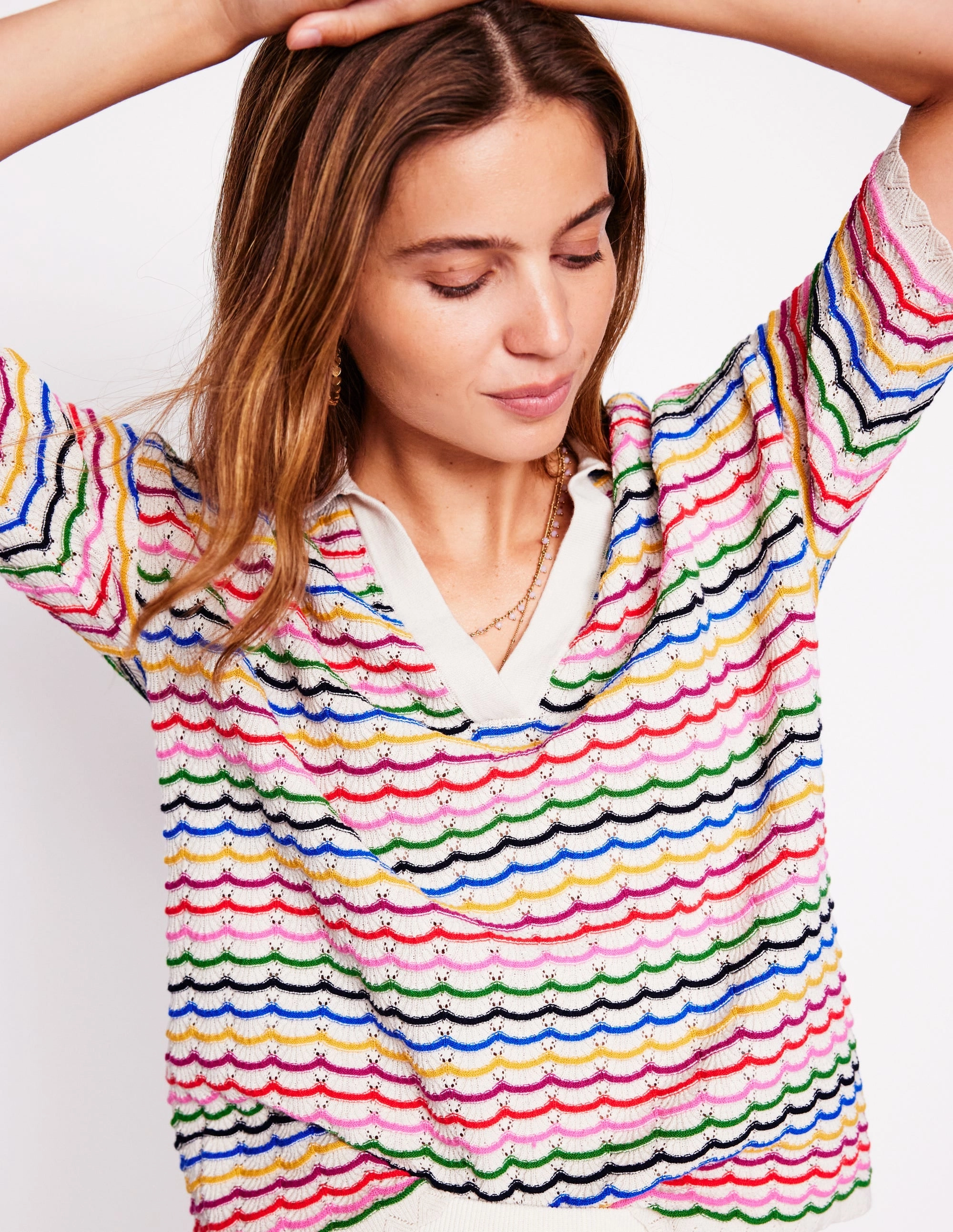 Collared Henley Jumper-Multi, Rainbow Crewneck Style Soft Finish