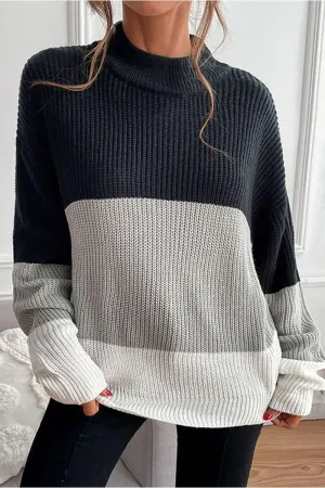 COLOR BLOCK LOOSE FIT CASUAL SWEATER TOP Interlock Stitching Breathable Linen Blend