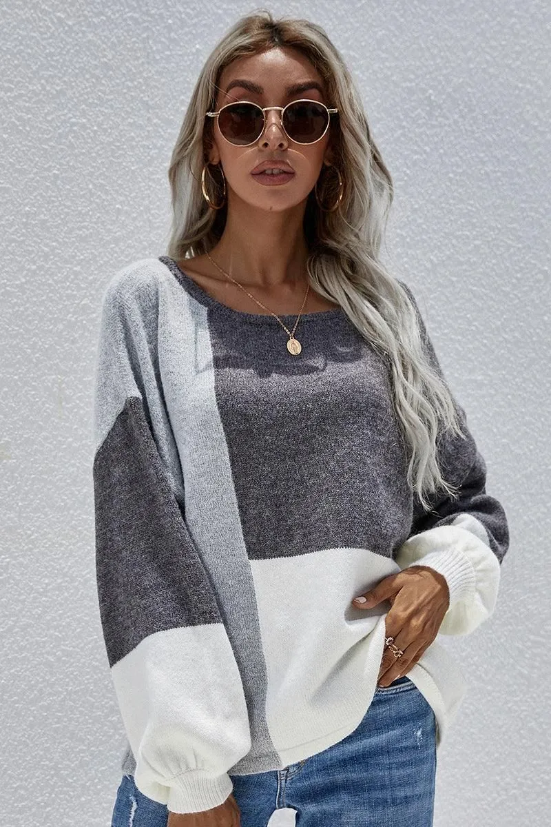 Ventilated Panel Design WrinkleResistantFinish COLOR BLOCK ROUND NECK SWEATER TOP FOR WOMEN