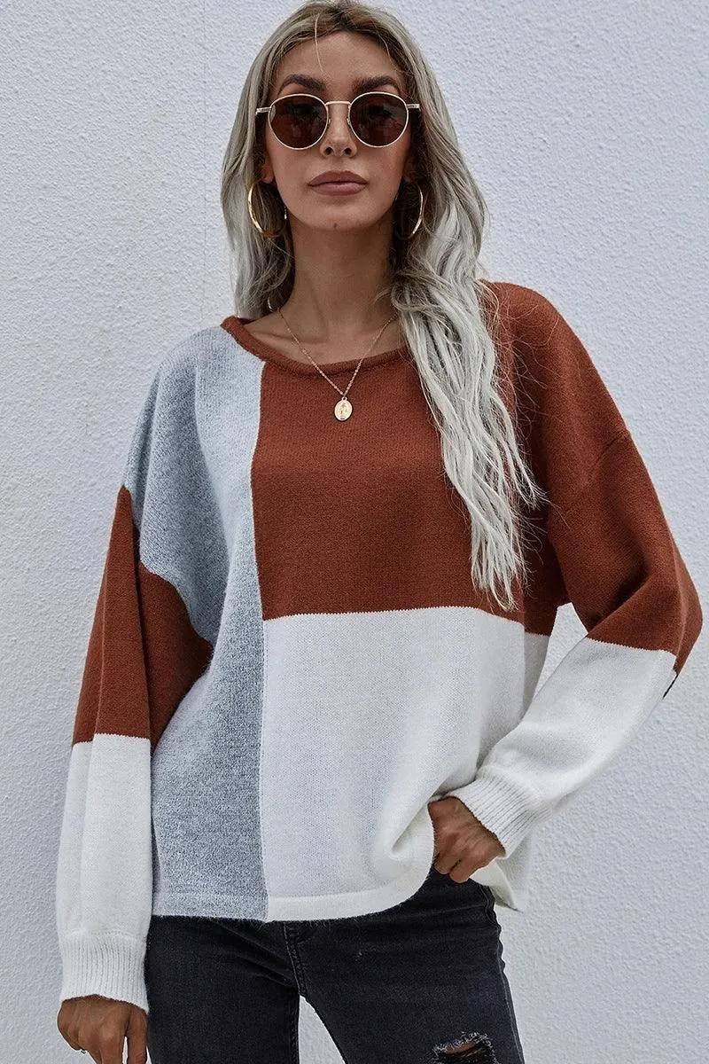 COLOR BLOCK ROUND NECK SWEATER TOP FOR WOMEN Soft Cotton