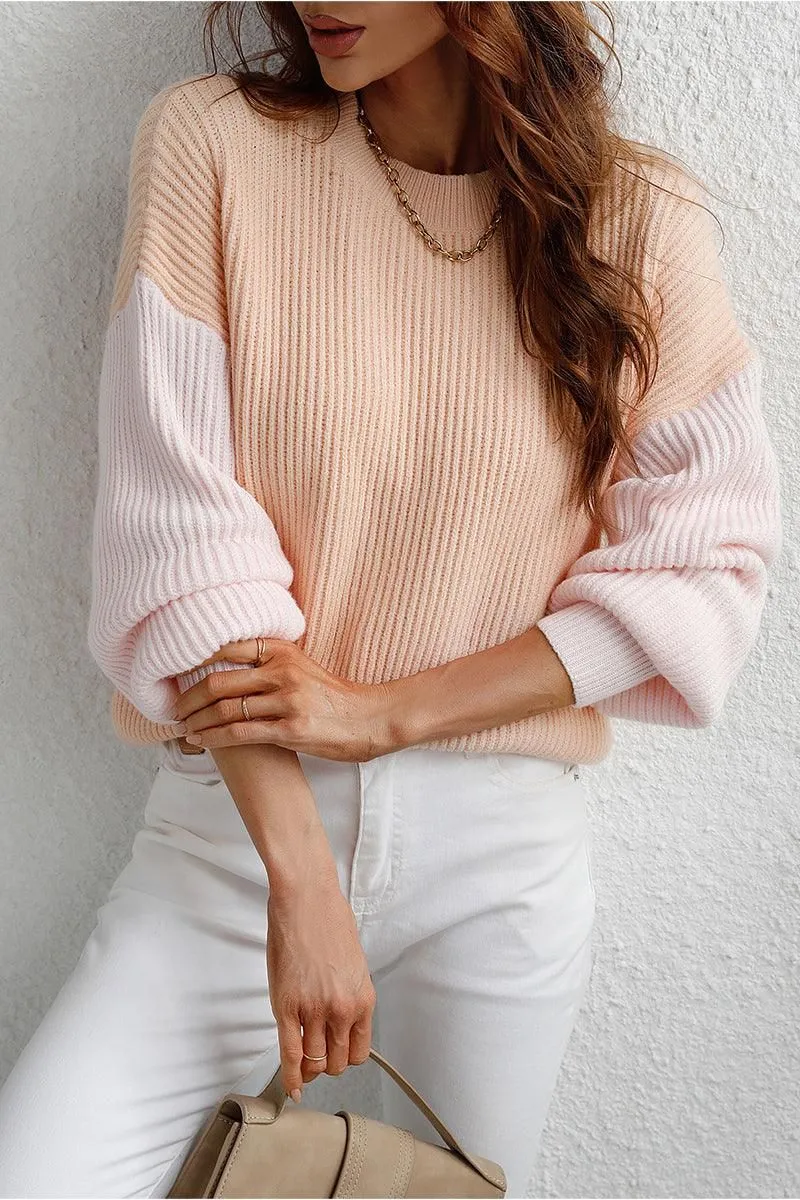 COLOR BLOCK SLEEVE KNIT WARM SWEATER Ergonomic Shoulder Shape Versatile Base Layer