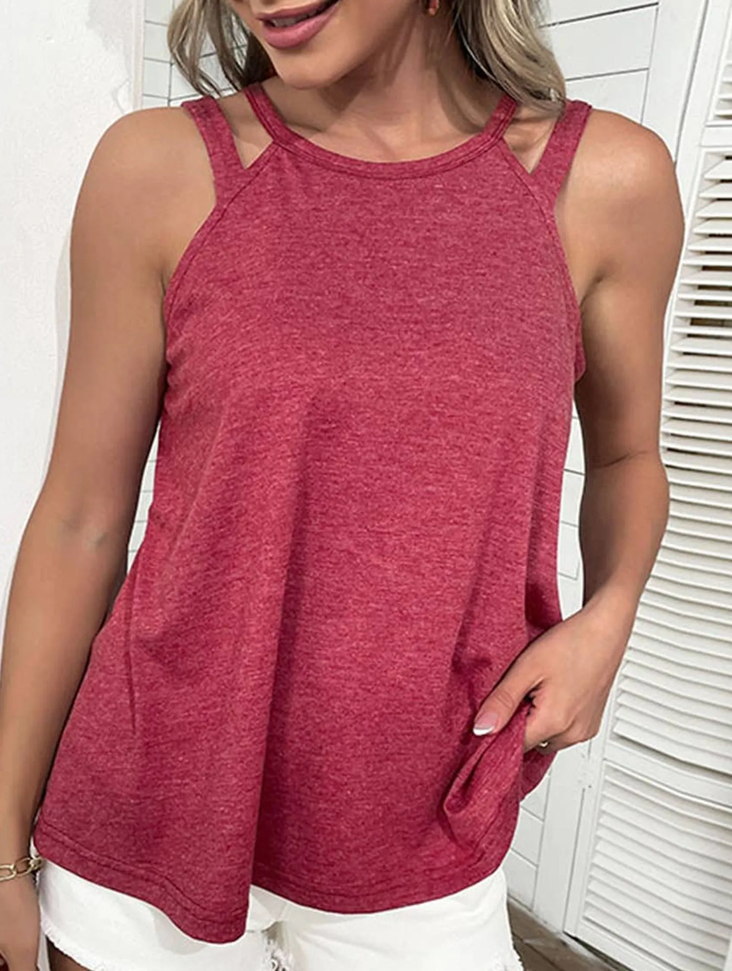 COLOR CUTOUT OFF-THE-SHOULDER HALTER VEST_CWTHT0068 StretchKnit BreathableFabric