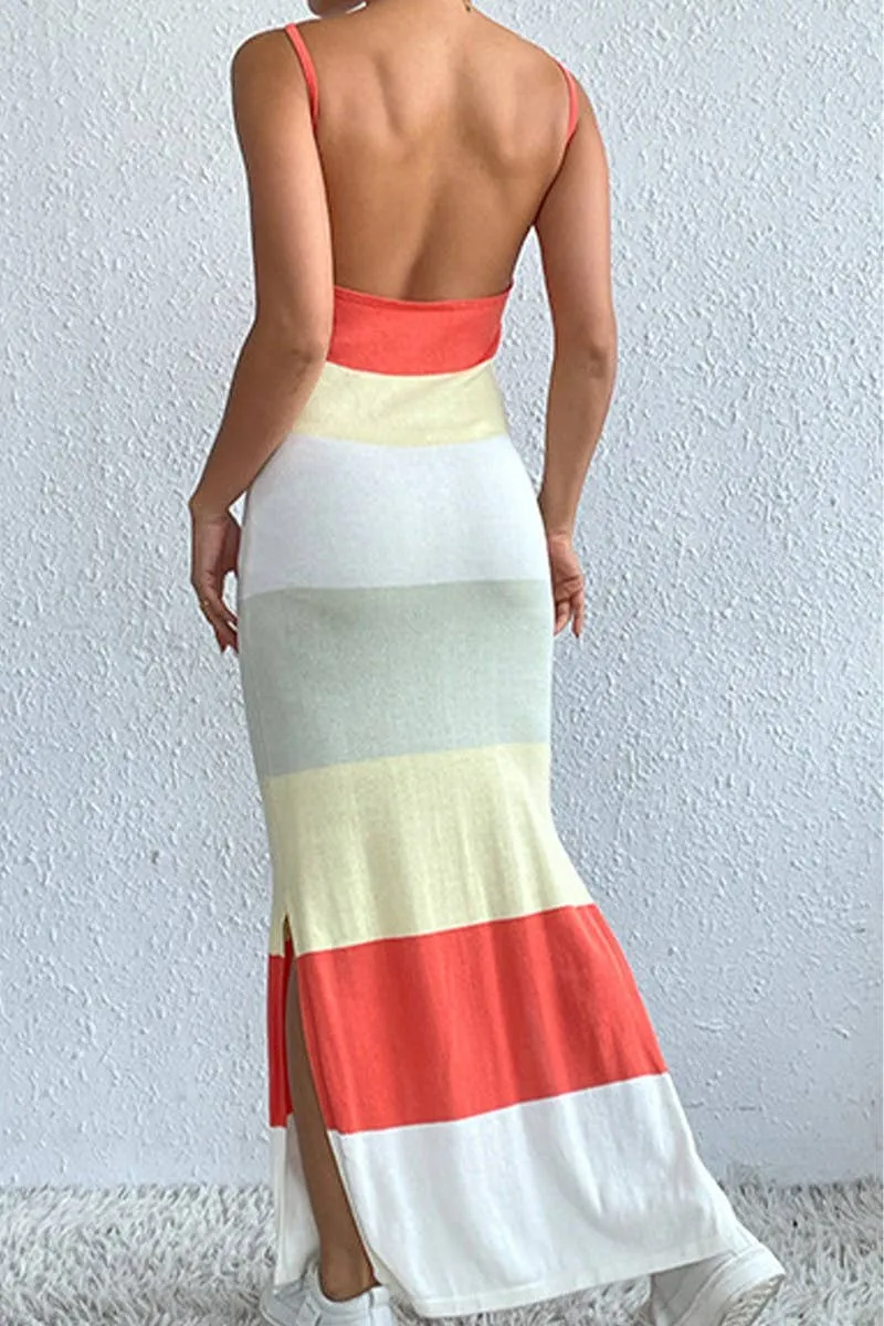 Trendy Vibes Color Pop COLOR STRIPED BACKLESS SLIT KNIT SLIP MAXI DRESS_CWDMD1308