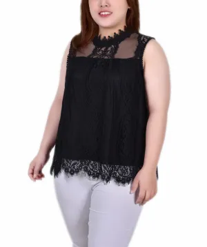 Plus Size Sleeveless Mock Neck Lace Top CrewNeck