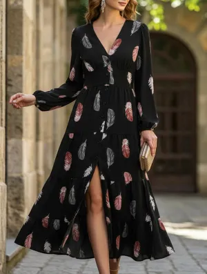 Cool Draping Versatile Layer Colorful feather print three-quarter sleeve dress