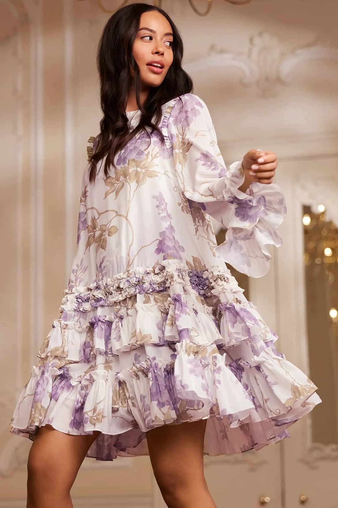 Wisteria Chiffon Round Neck Mini Dress spring fashion Relax Flex