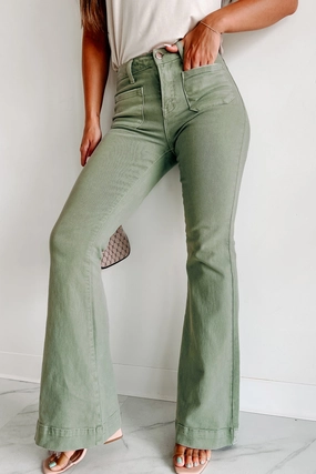 MinimalistSilhouette Anti Static Fabric Colton Non-Distressed High Rise Risen Flare Jeans (Olive)