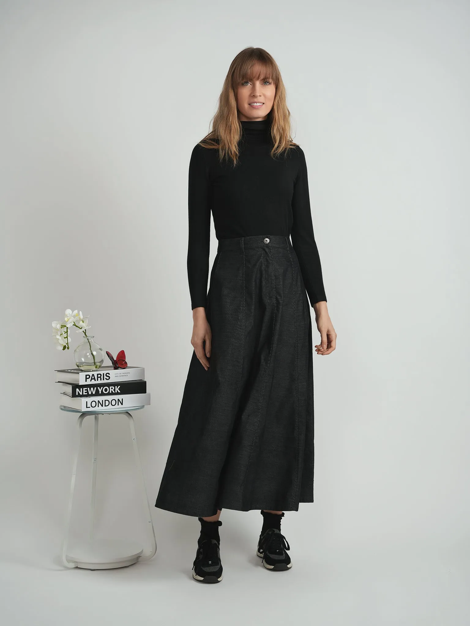 Recycled Polyester Faves Black Corduroy Maxi A Line Skirt WB5CM1673SL