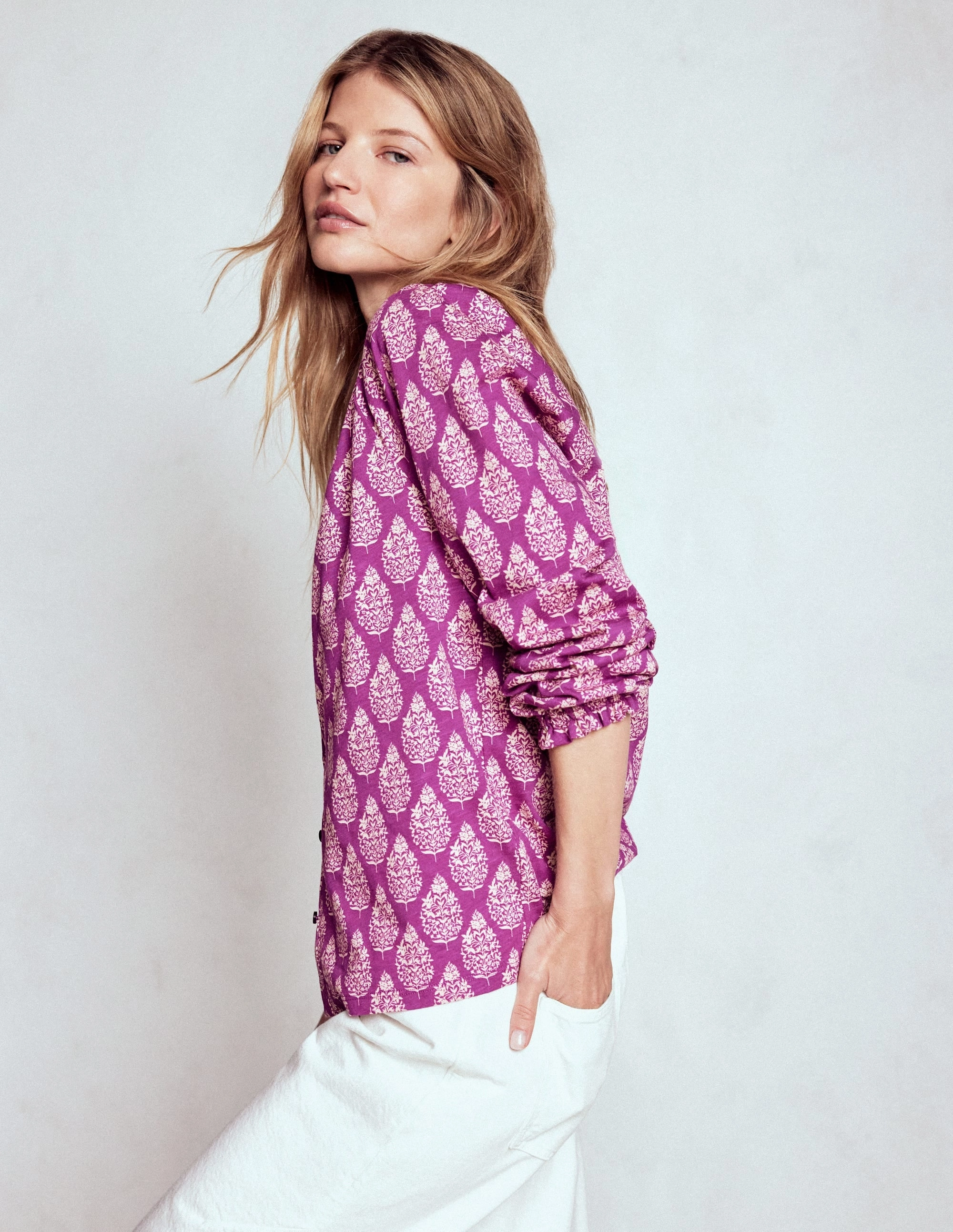 High Visibility Trim High Collar Protection Design Isla Long Sleeve Jersey Shirt-Purple, Wildflower Bouquet