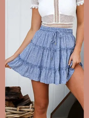 WOMEN HIGH WAISTED RUFFLED FLORAL A LINE SKIRT Quick Fit Design