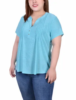 BreathableFabricTech Plus Size Short Sleeve Y Neck Jacquard Knit Top