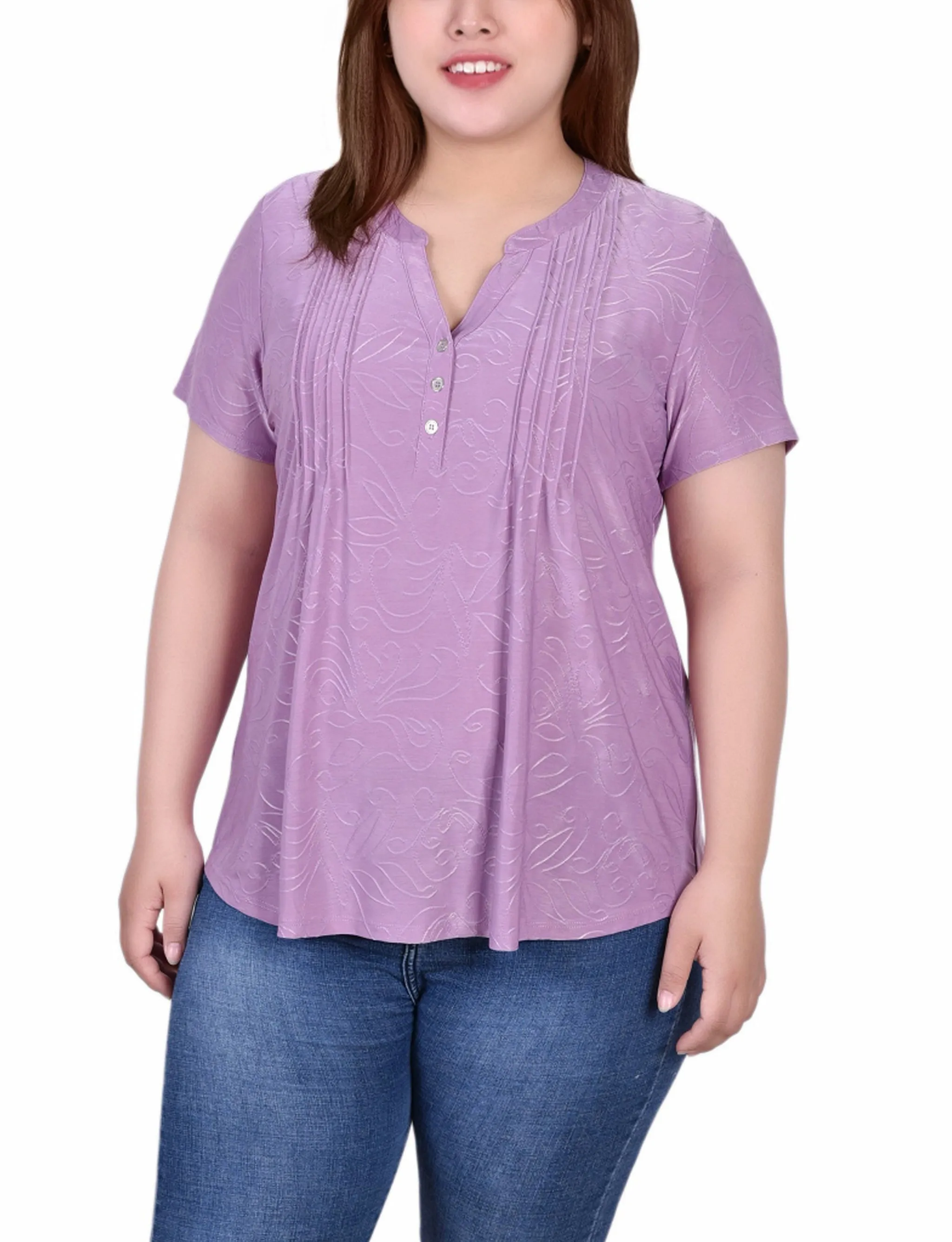 VNeck Style Plus Size Short Sleeve Y Neck Jacquard Knit Top