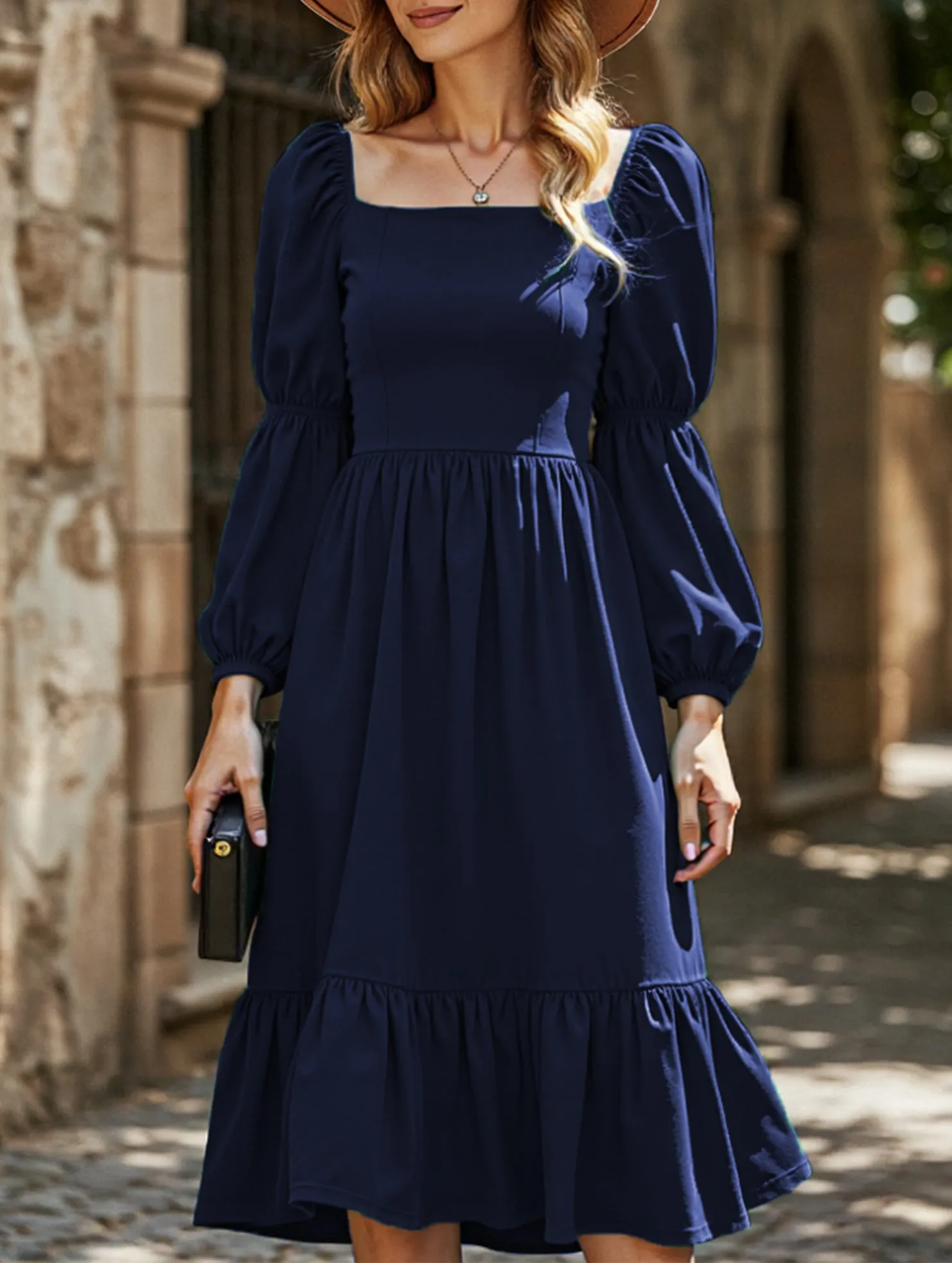 Solid color A-line casual long-sleeved dress Body Confidence