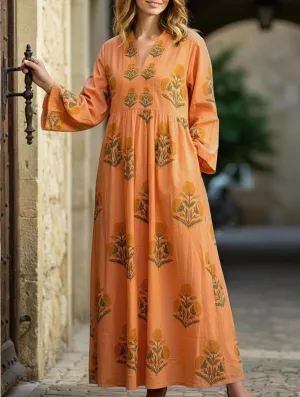 V-neck floral print three-quarter sleeve dress Whimsical Mood ruffle trim