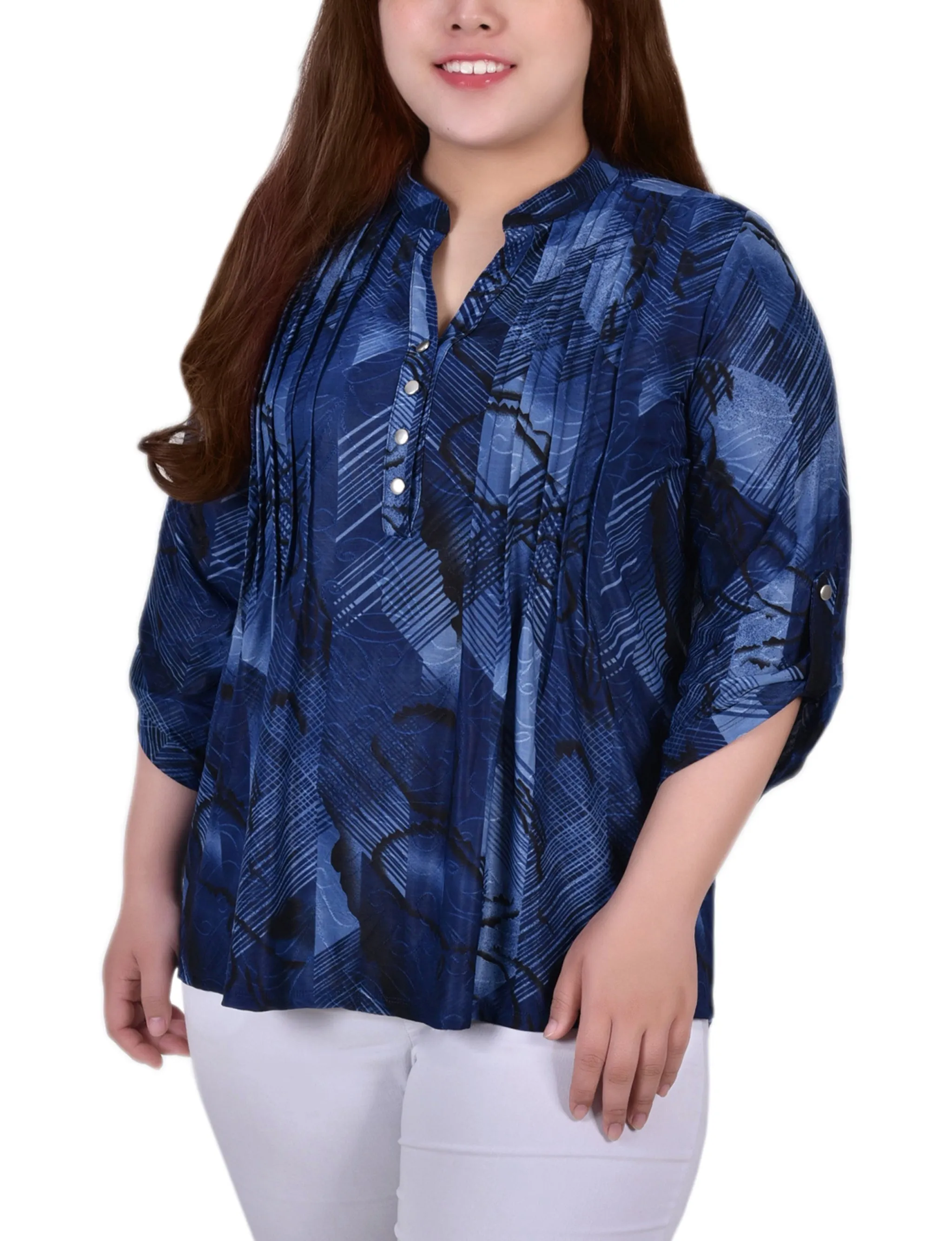Plus Size 3/4 Roll Tab Sleeve Y Neck Top Weighted Hem Trim