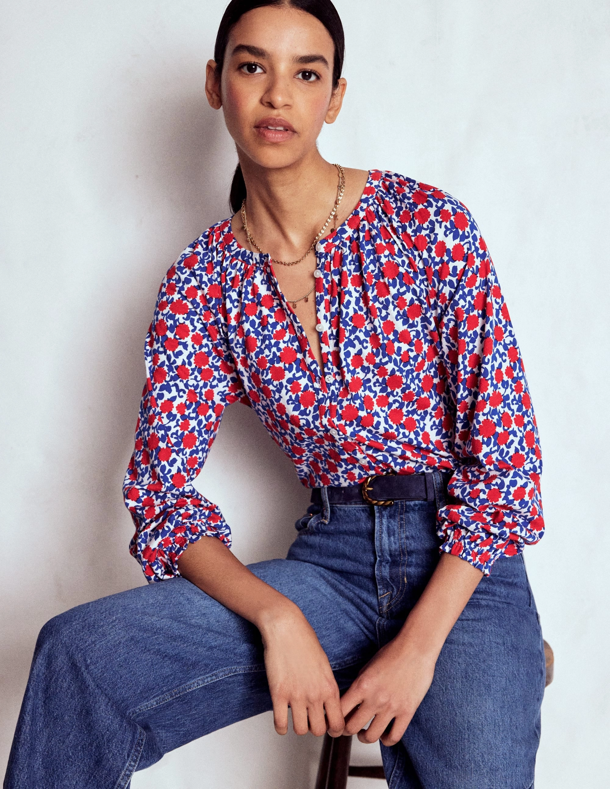 Isla Long Sleeve Jersey Shirt-Poppy Red, Floweret Vine Airflow Mesh Lining BoxyCrop