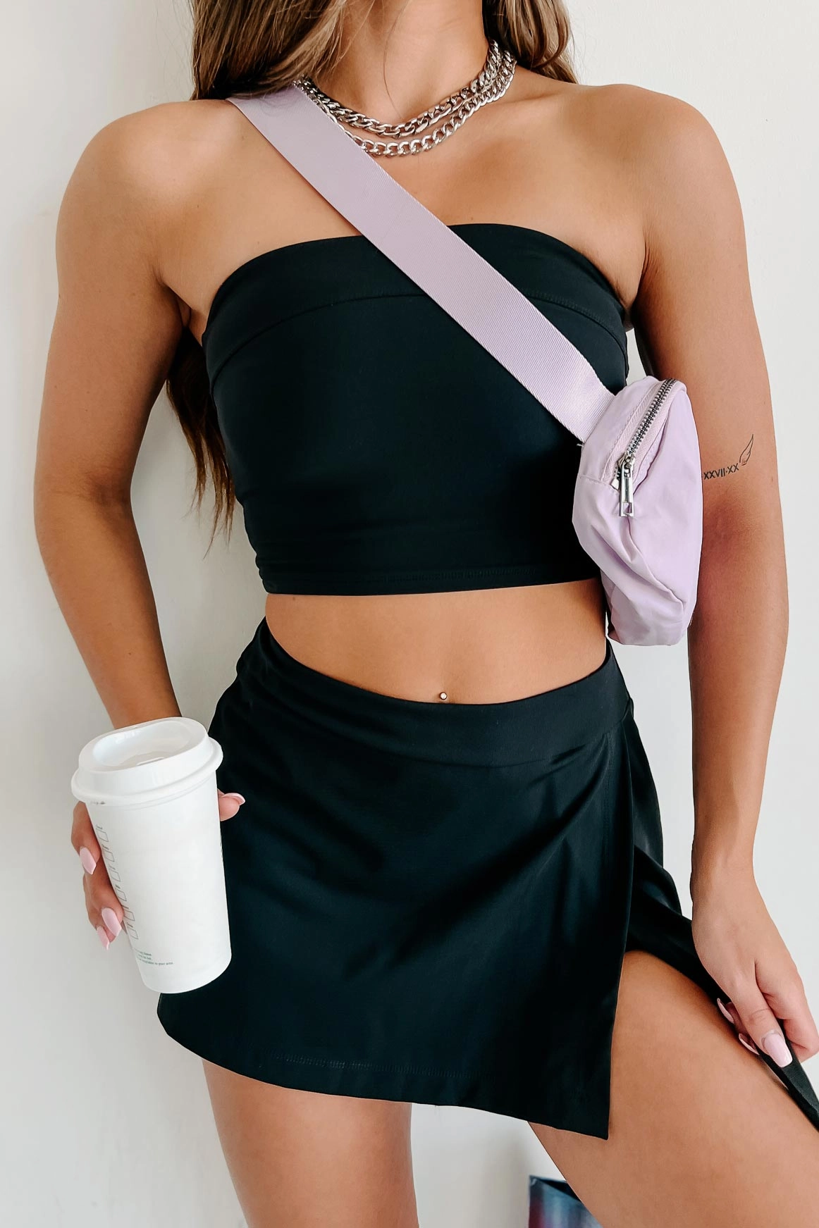 Winning Shot Tube Top & Active Skirt Two-Piece Set (Black) Light Reflective Printing