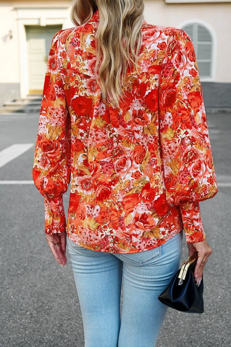 FLORAL PRINTING BUTTON UP FITTED CUFF BLOUSE ThermalRegulating