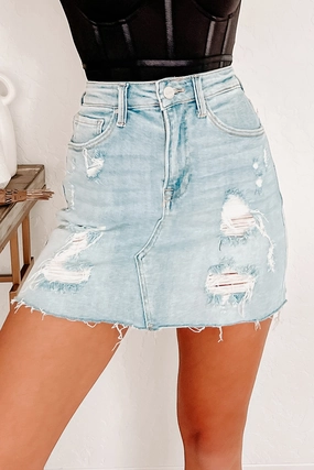 Akira Risen Distressed Denim Skirt (Light) AllDay Comfort EcoFriendly Manufacturing