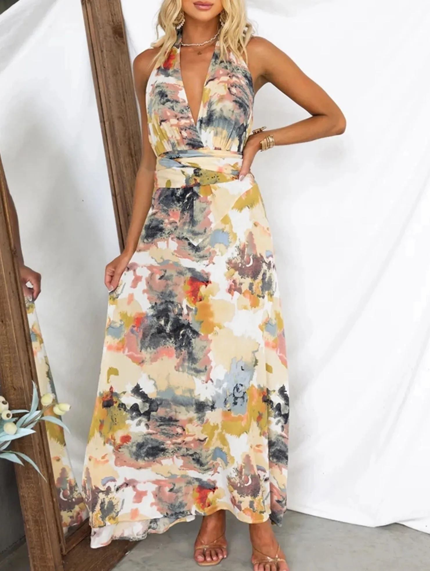 Printed Lace-Up V-Neck A-Line Dress ??Flowy Waist-Defining Midi Dress for All Seasons Urban Chic Applique-Detail