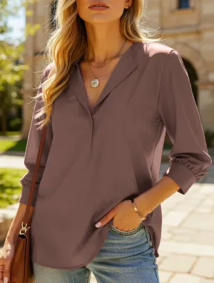 Commuting solid color V-neck chiffon blouse Textured Weave