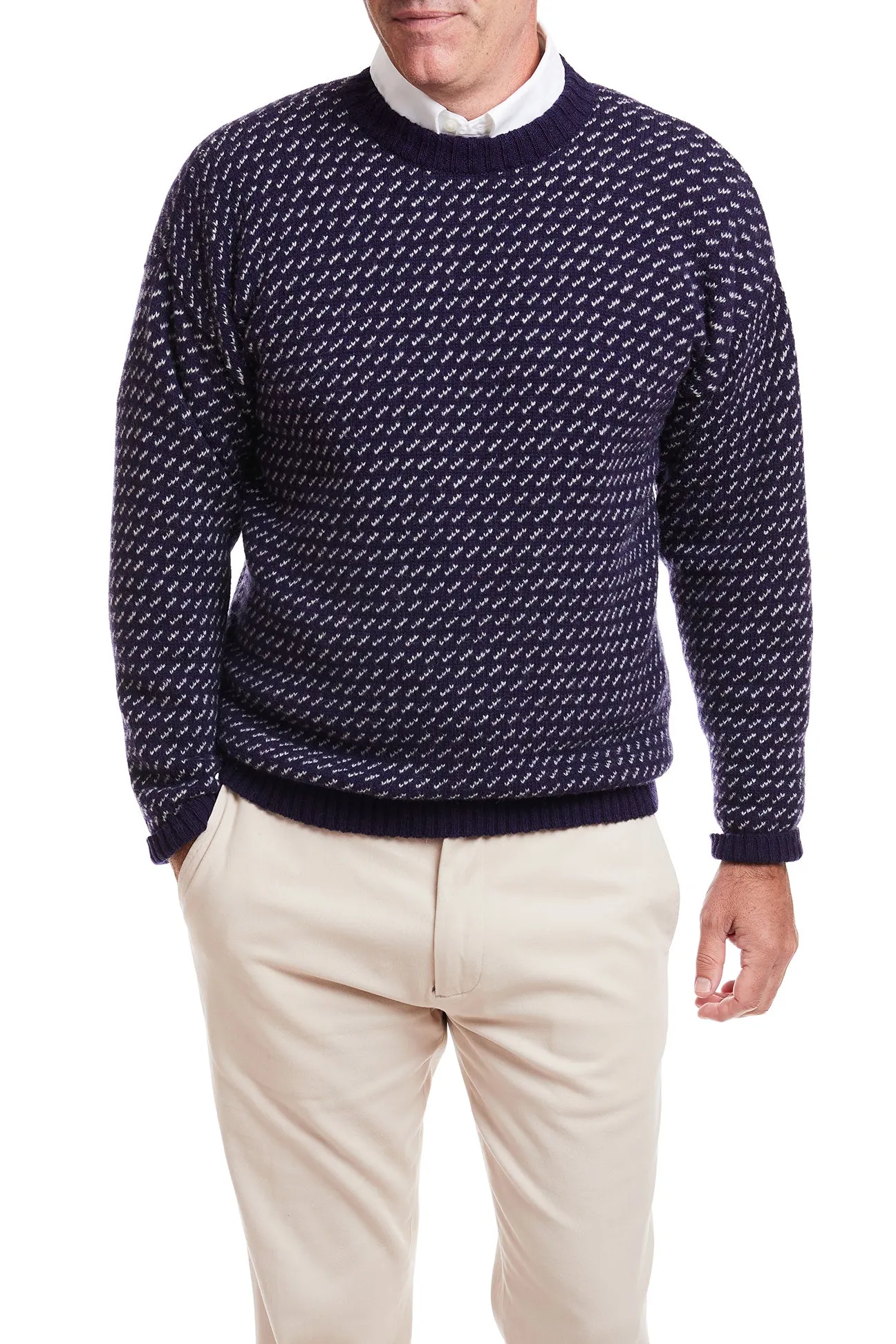 Shetland Crewneck Sweater Brushed Birdseye Navy RibbedHemline