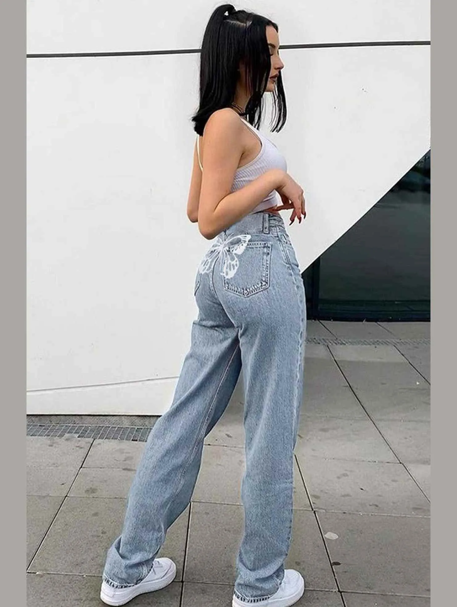 Relaxed Cut Outdoor Activity BUTTERFLY PRINT LIGHT COLOR DENIM TROUSER_CWJP0182