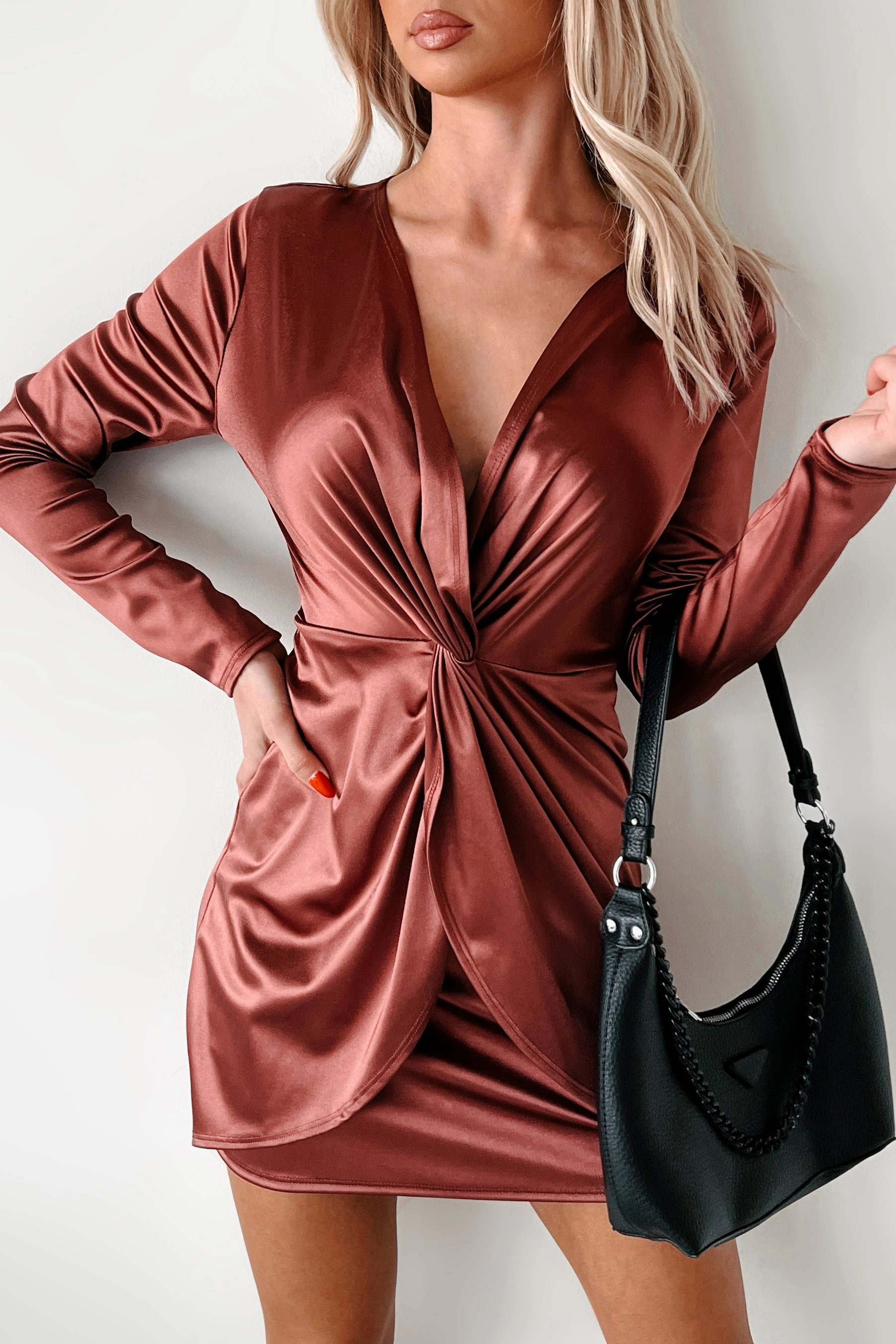 Unlined Look Chill Moment Complete Devotion Twist Knot Mini Dress (Marsala)