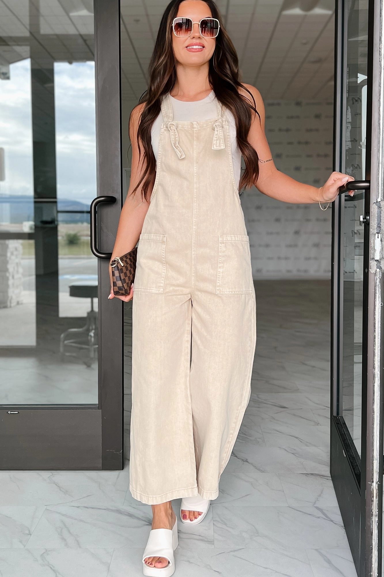 Hypoallergenic Lining OdorControl Technology Hazen Knot Strap Zenana Overalls (Sand Beige)
