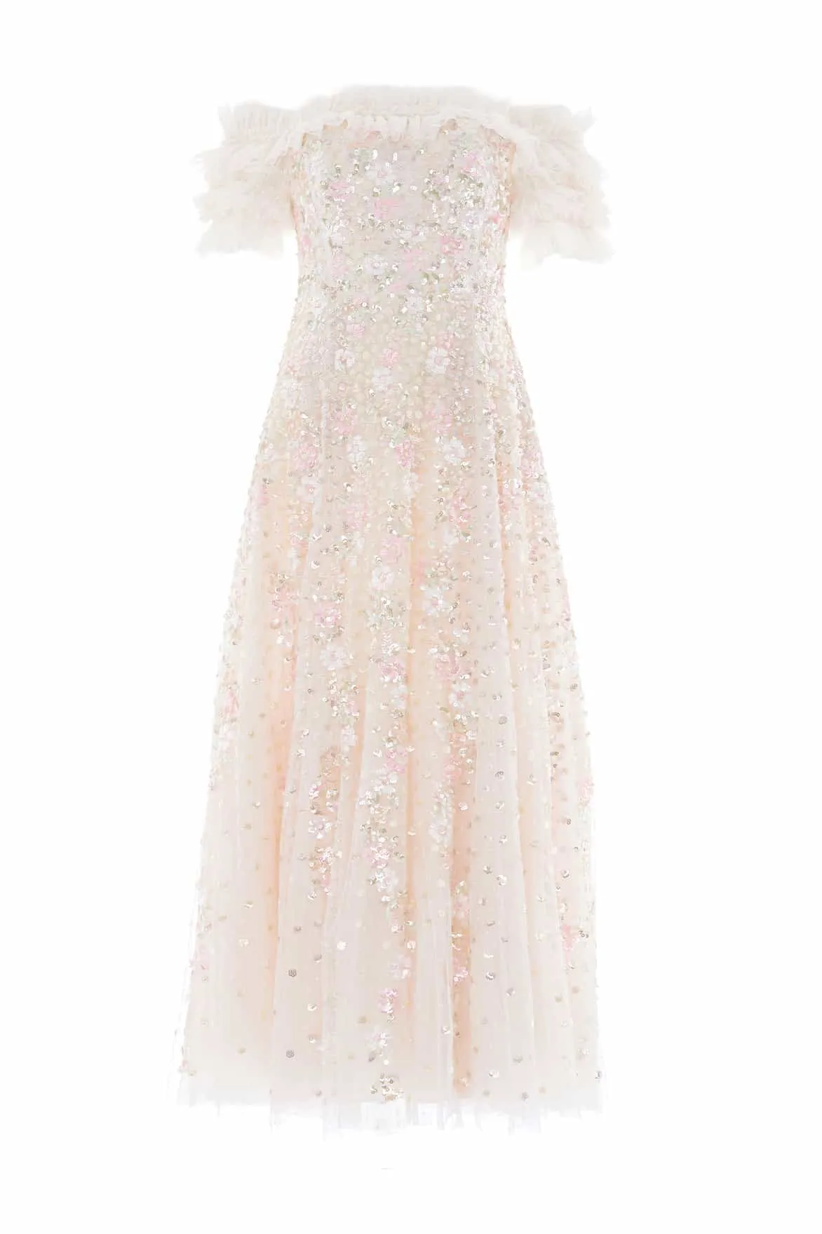 Formal dinner wear Fashionable Comfort Wear Confetti Ruffle Off-Shoulder Ankle Gown