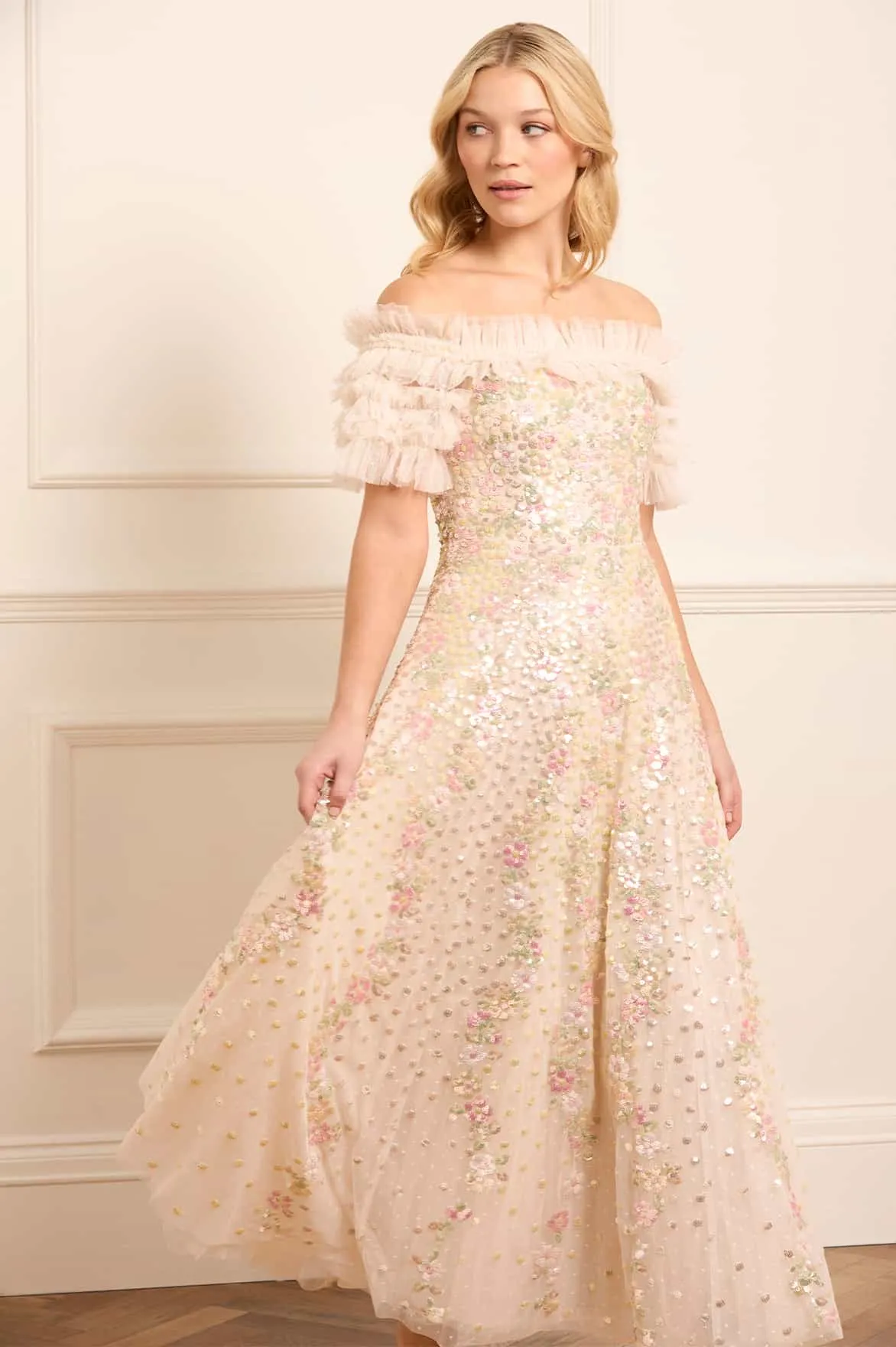 Confetti Ruffle Off-Shoulder Ankle Gown Ready Anytime AdjustableStraps
