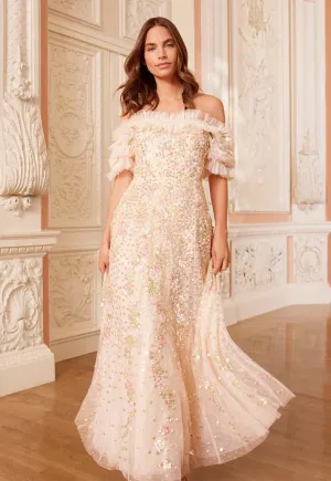Confetti Ruffle Off-Shoulder Ankle Gown Subtle Touch