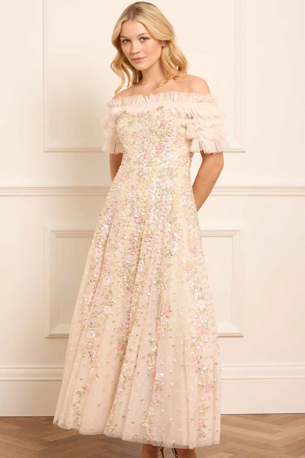 Confetti Ruffle Off-Shoulder Ankle Gown Chic and Cozy Flowing Design