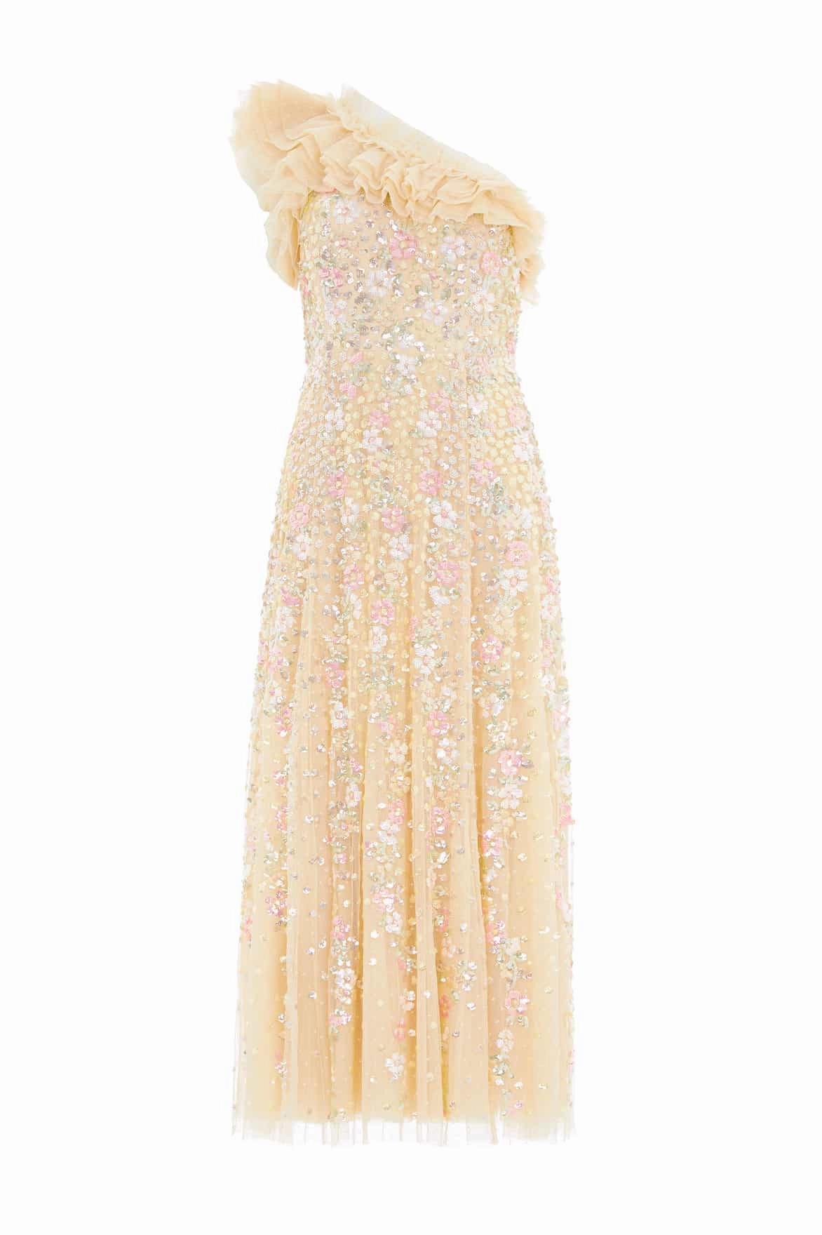 Full Coverage Waist-Cinching Confetti One-Shoulder Ankle Gown
