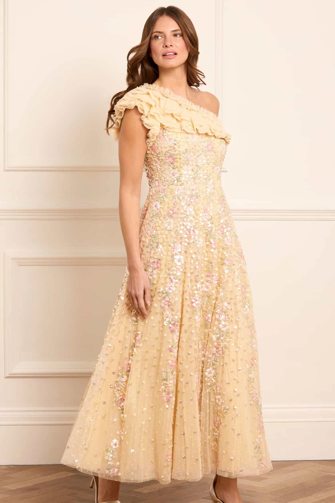 Weekend Edge Flattering Shape Design Confetti One-Shoulder Ankle Gown