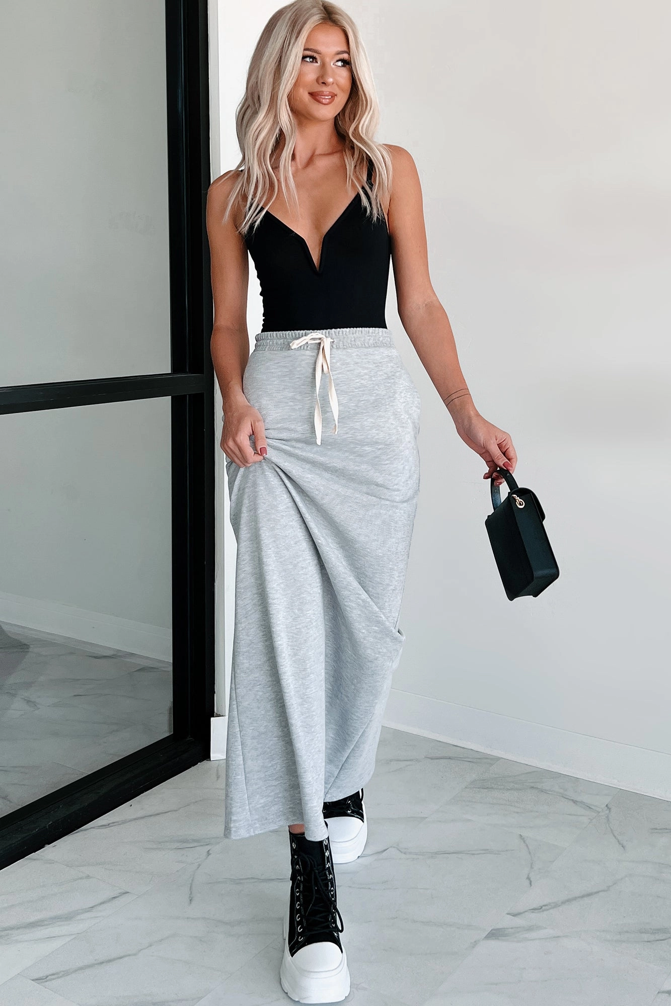 Basic Utility Reversible design Conquering Today Sporty Knit Maxi Skirt (Heather Grey)
