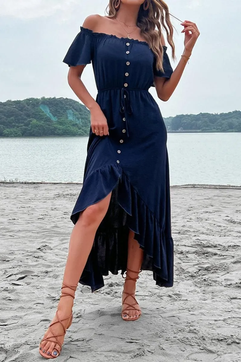 Elegant Waistband Fit OFF SHOULDER BUTTONED DRESS