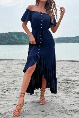 Elegant Waistband Fit OFF SHOULDER BUTTONED DRESS