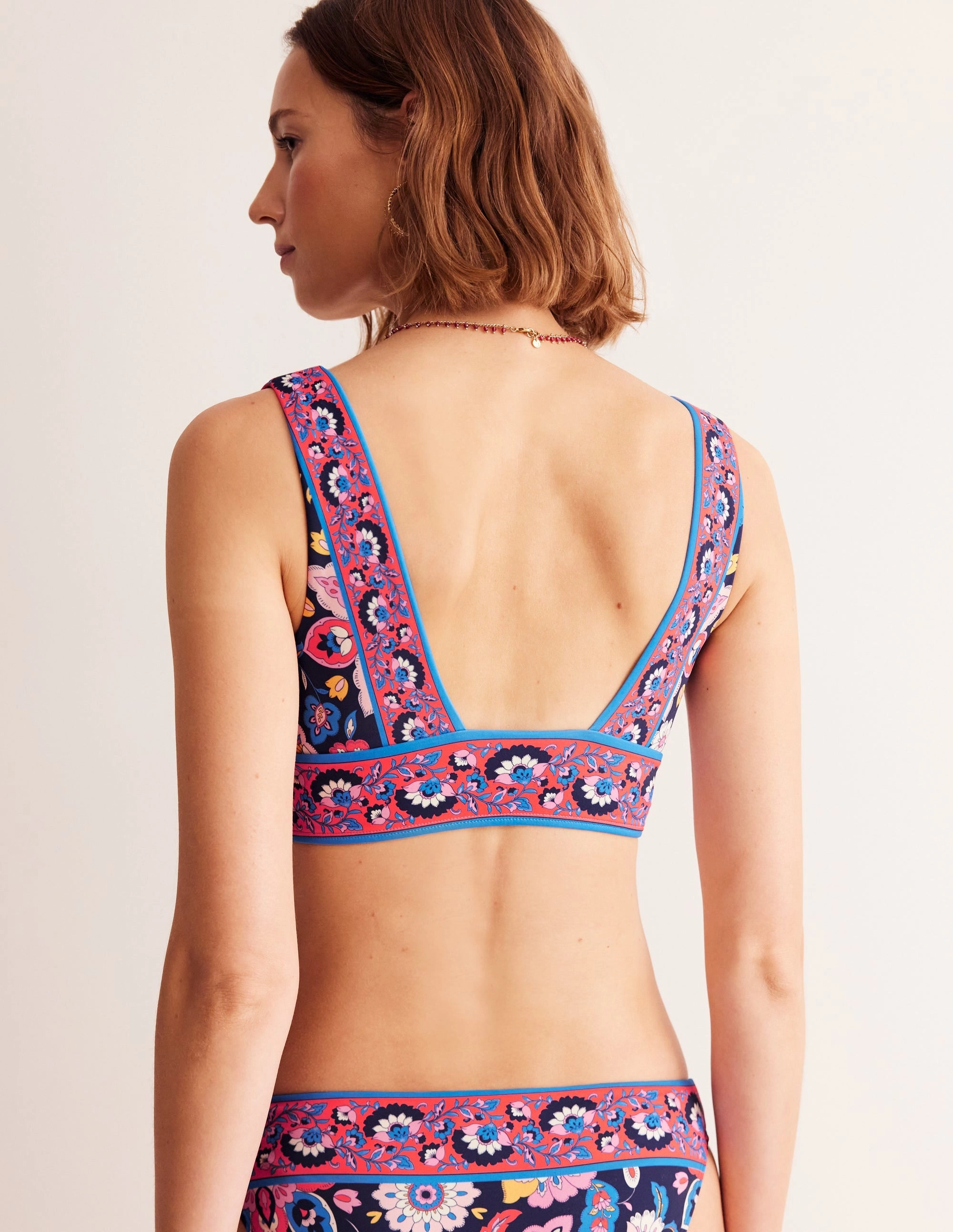 Porto Bikini Top-Mandarin Red, Botanical Sprig Wide Band Waist 4 Way Stretch Material