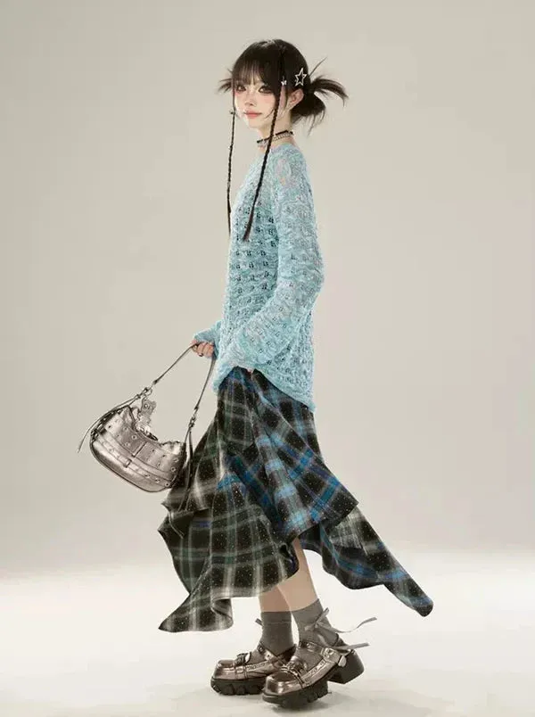 Contrast Gradient Irregular Checked Skirt Color