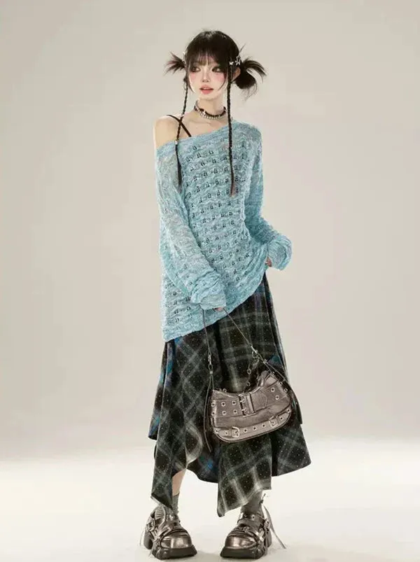 Contrast Gradient Irregular Checked Skirt Color