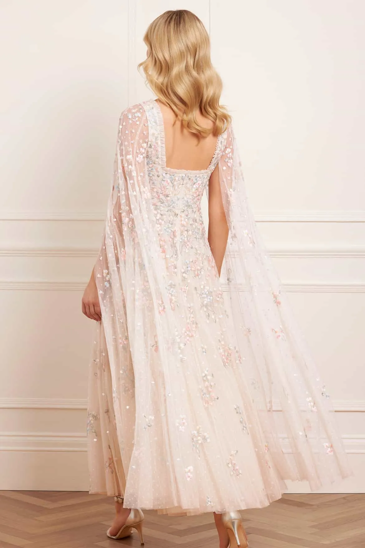 Versailles Ditsy Cape Sleeve Ankle Gown Relaxed and Elegant Layered Style
