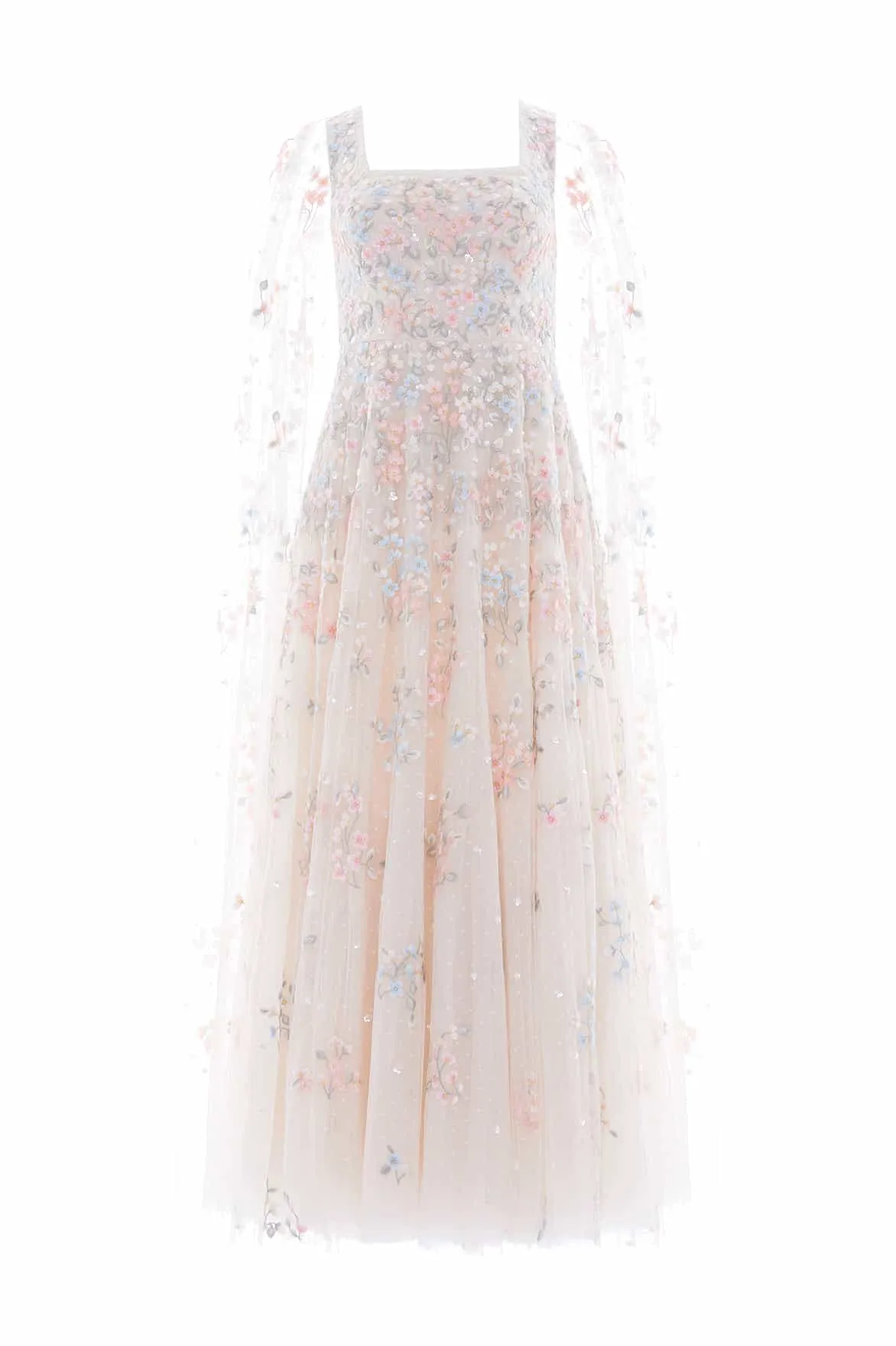 Air Comfort Bell-Sleeve Versailles Ditsy Cape Sleeve Ankle Gown